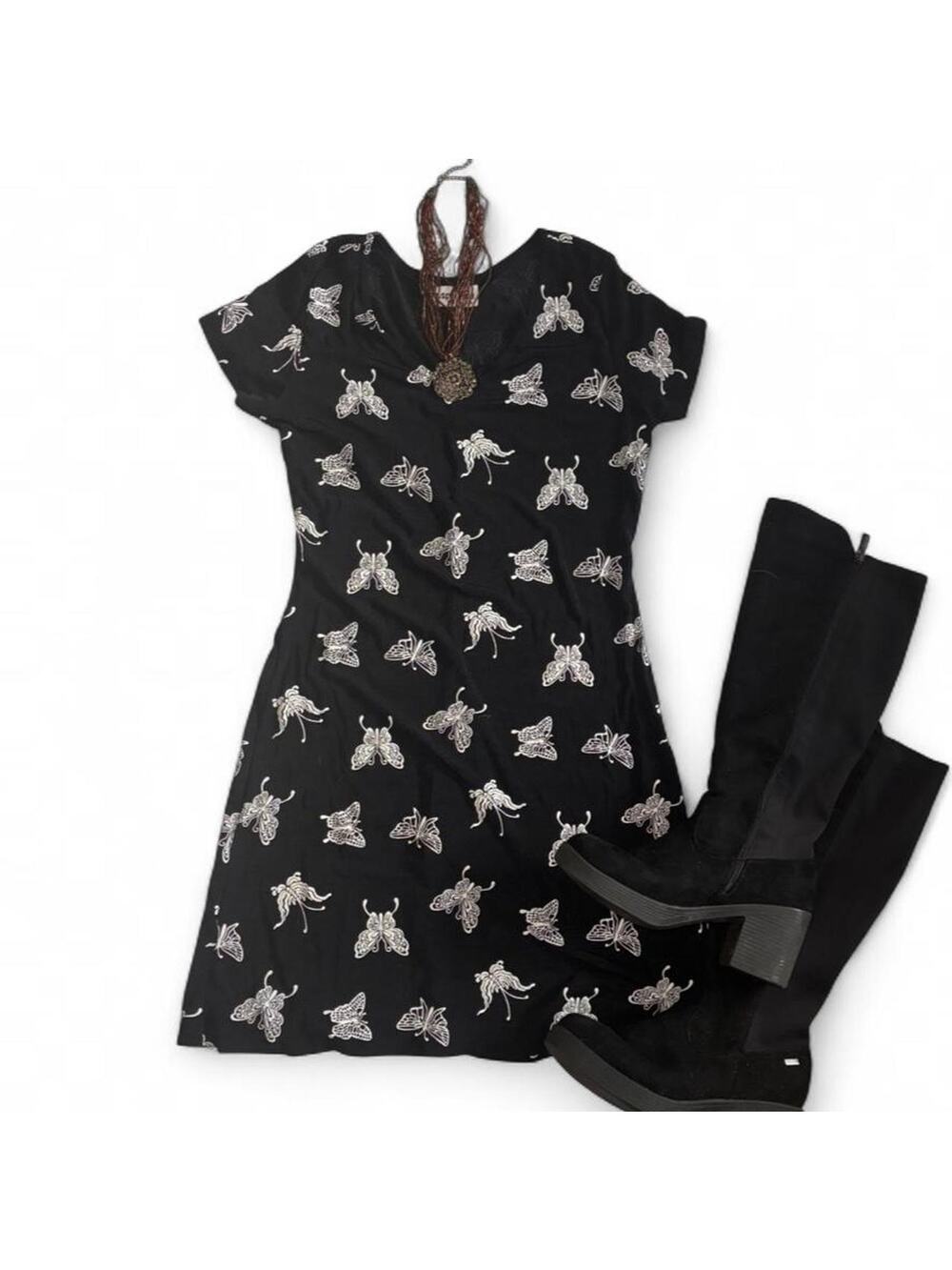 Vintage y2k whimsy goth black butterfly print mini dress